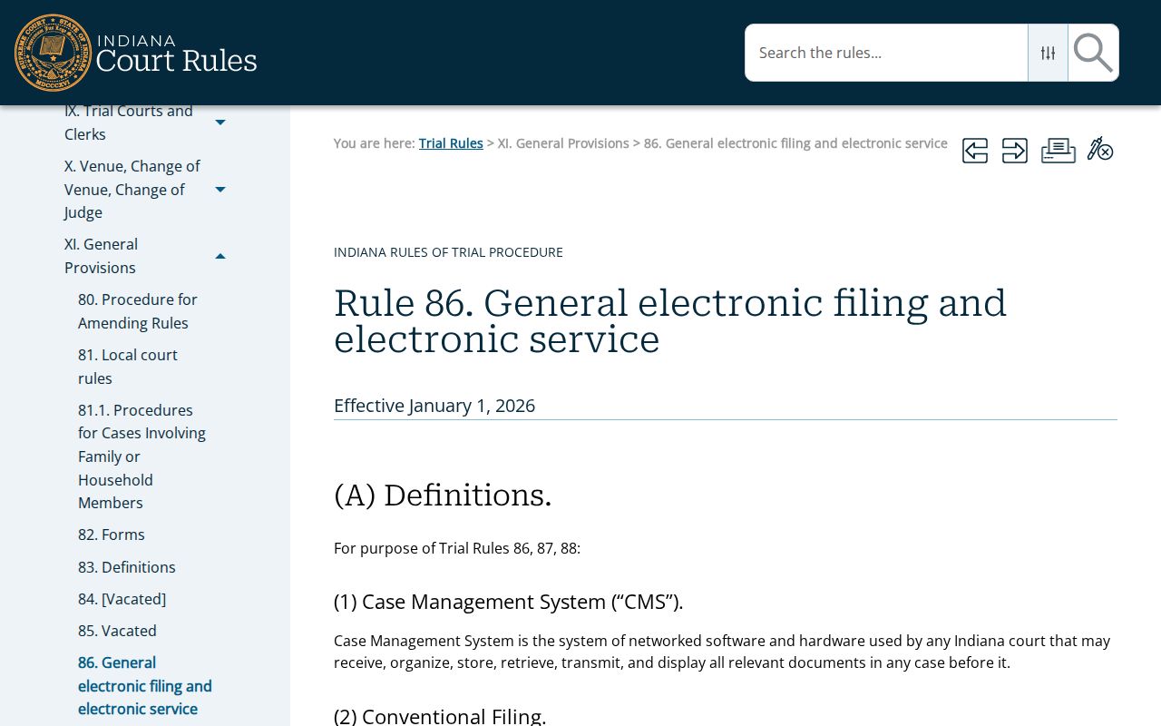 Indiana Trial Rule 86 electronic filing page
