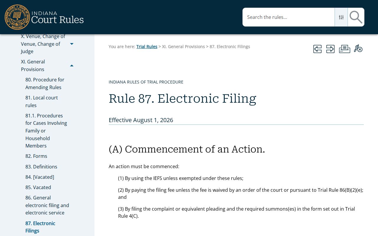 Indiana Trial Rule 87 filing requirements