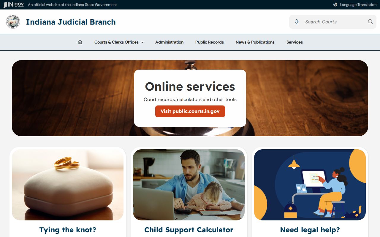 Indiana court services and public calendar tools