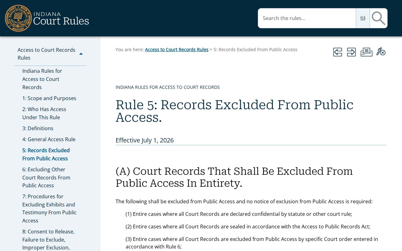 Indiana Access Rule 5 governing confidential Owen County court records