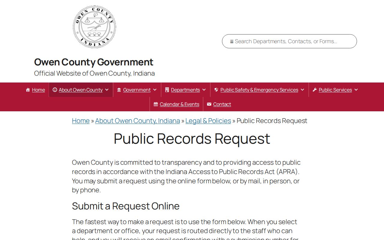 Owen County public records request page for court records