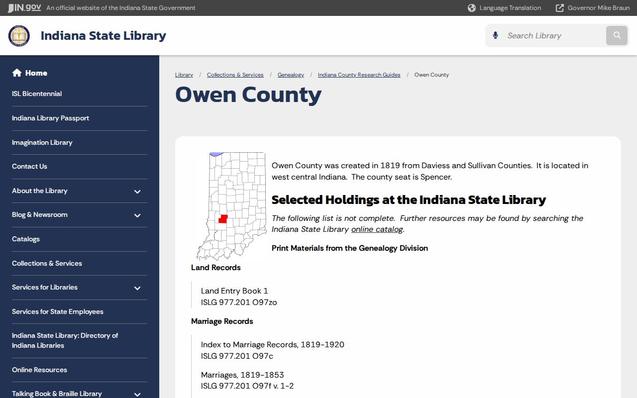 Indiana State Library guide to historical Owen County court records