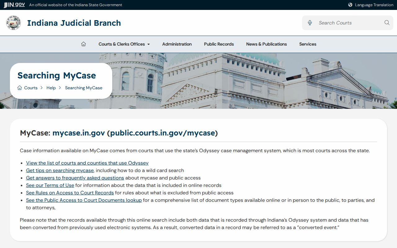 Indiana MyCase help page