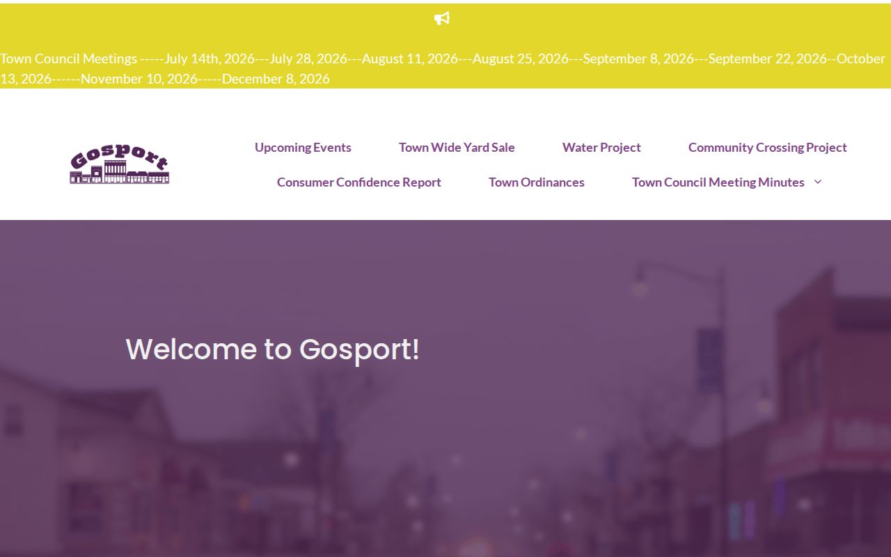 Official Town of Gosport website without a separate municipal docket search