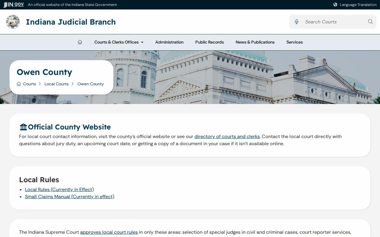 Owen County court docket Indiana Judicial Branch access page