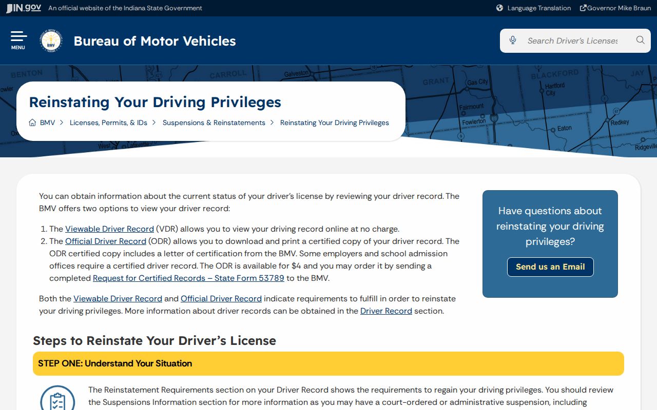 Indiana BMV reinstatement guidance after an Owen traffic matter